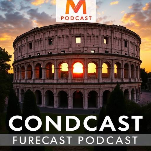Copertina del podcast 'Voci di Roma', raffigurante il Colosseo al tramonto.