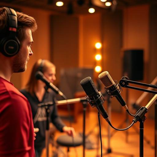 Il team di Onda Sonora Studio al lavoro in studio durante una sessione di registrazione, con microfoni e attrezzature professionali in vista.
