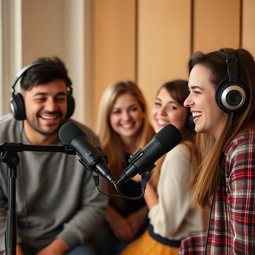 Il team di Onda Sonora Studio sorride e lavora durante una sessione di registrazione podcast.