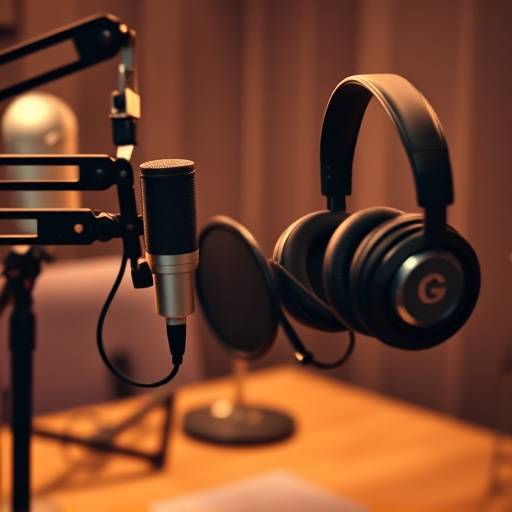 Microfoni professionali e cuffie insonorizzate, evidenziando l'ambiente di registrazione podcast dello studio.